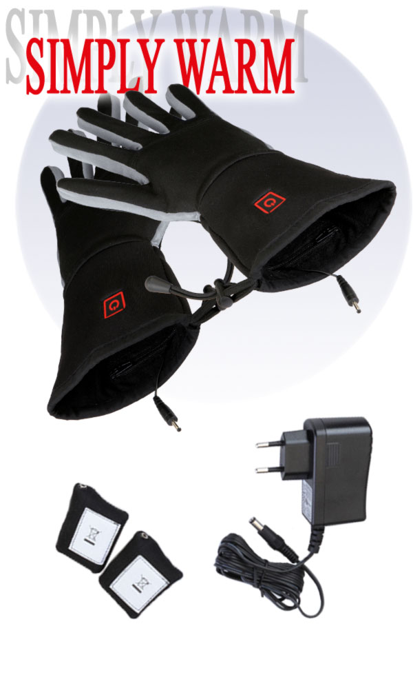 Werbebild unserer Thermo Gloves - beheizbaren Handschuhe inklusive dem dazugehörigen Ladegerät und den beiden benötigten Akkus.